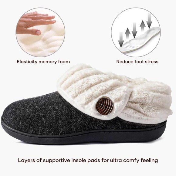 Women's Cozy Wool Memory Foam Slippers with Fuzzy Faux Fur Collar - Size 10 - Picture 4 of 7